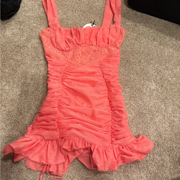 Mistress Rocks Coral Pink Ruched Mini Dress - Picture 1 of 3